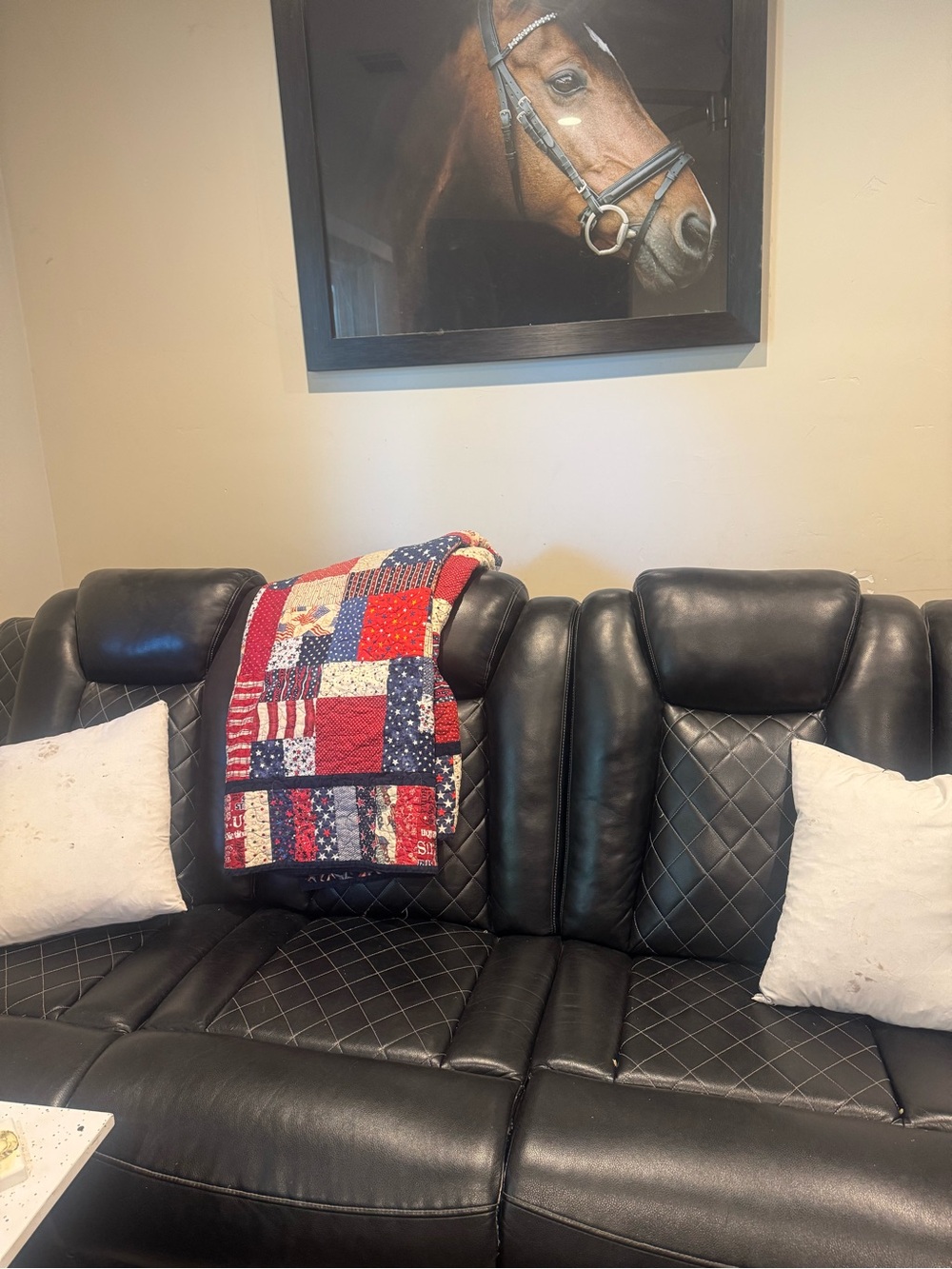 Patchwork Quilted Throw Blanket - hand made. Red, Navy & Cream 69” X 61”